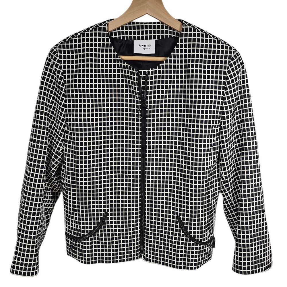 Akris Punto Black & White Grid Square Zip Front Jacket Blazer Tailored Size 10